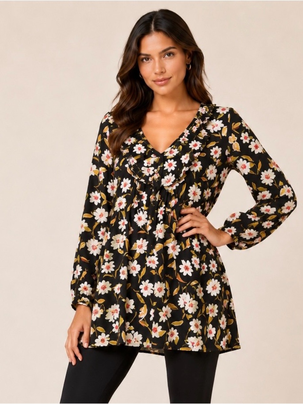 Free People Floral V-Neck Ruffle Tunic